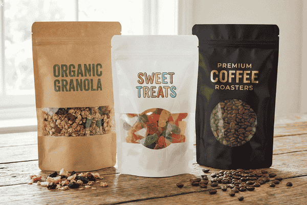 Stand up pouches with clear window showing granola, sweets, and coffee beans, allowing consumers to see product quality before purchase.