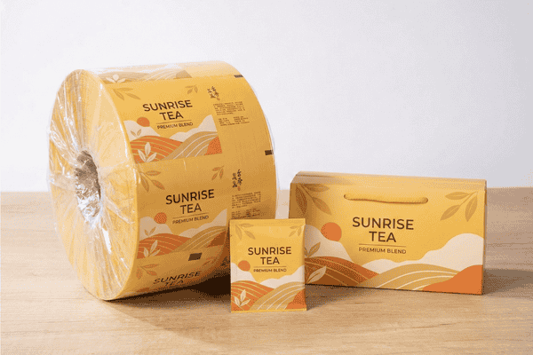 Custom printed tea bag wrapper rollstock with finished tea sachet and gift box packaging by XLD.