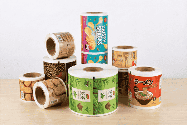 Multiple custom printed rollstock rolls for food and snack packaging produced by XLD.