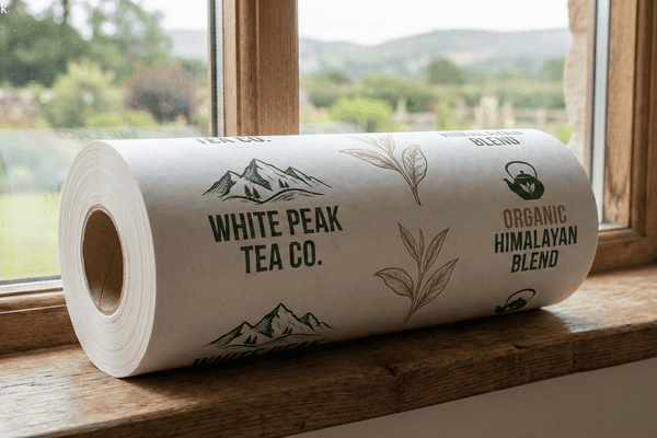 Custom printed paper rollstock for tea wrapper packaging displayed on window sill with brand logo.