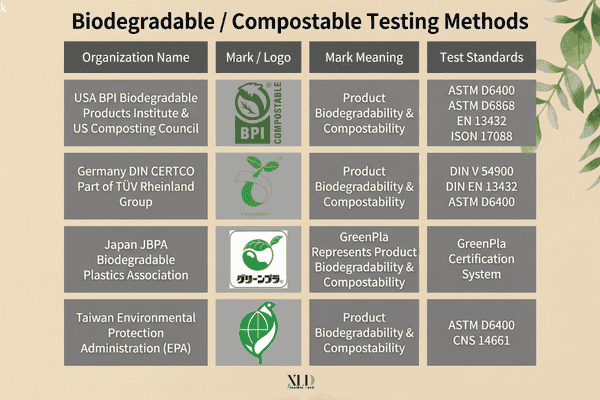 Biodegradable and compostable packaging certification marks including BPI, DIN CERTCO, JBPA, and Taiwan EPA standards.