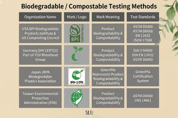 Biodegradable and compostable packaging certification marks including BPI, DIN CERTCO, JBPA, and Taiwan EPA standards.