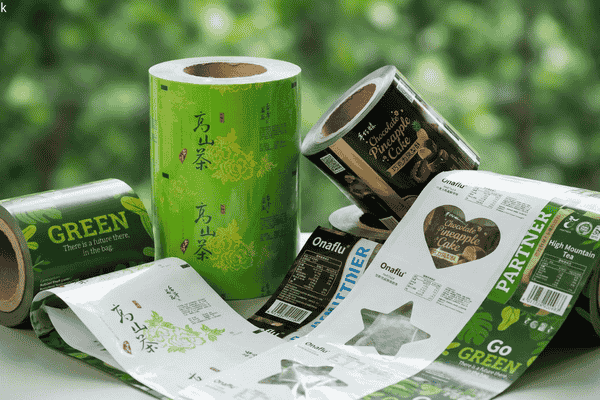 Home compostable packaging rollstock and pouches used for tea and snack food packaging.