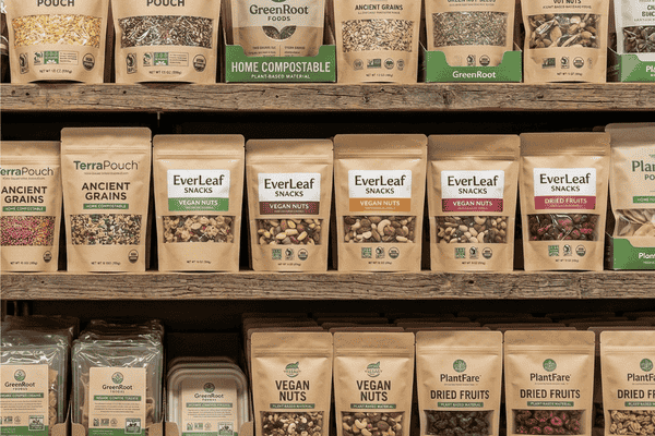 Food products packaged in compostable stand up pouches displayed neatly on retail store shelves.