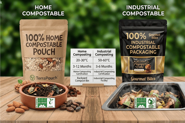Comparison of home compostable packaging and industrial compostable packaging used for food products.