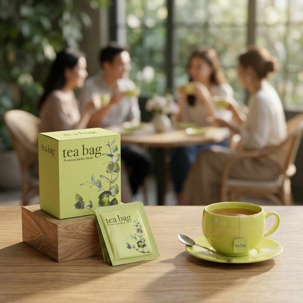 Tea bag wrapper packaging with printed sachets, tea box, and cup of tea in a lifestyle setting.