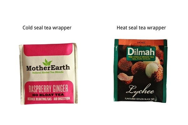 Side-by-side comparison of cold seal tea wrapper and heat seal tea wrapper used for individual tea bag packaging