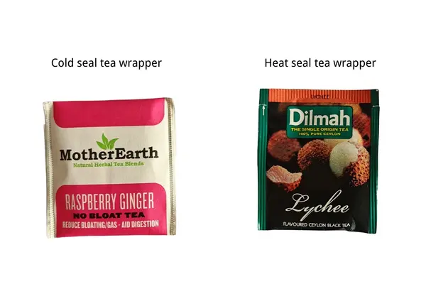 Side-by-side comparison of cold seal tea wrapper and heat seal tea wrapper used for individual tea bag packaging