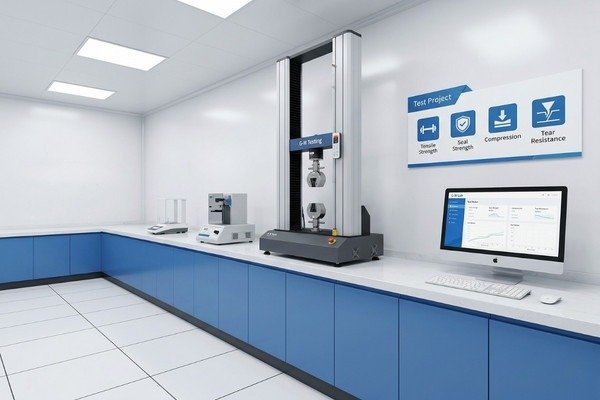 XLD quality control laboratory for flexible packaging testing, including tensile strength, seal strength, compression, and tear resistance evaluation