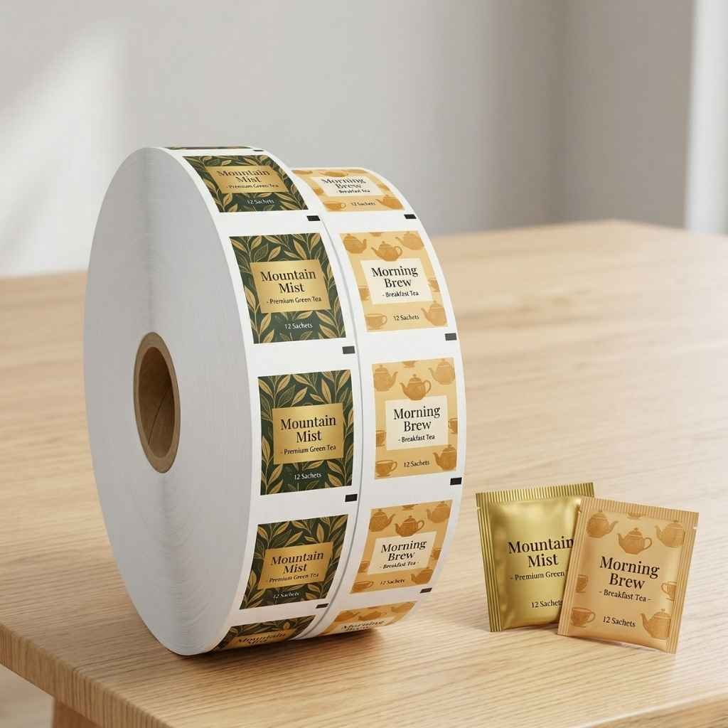 Pre-printed roll stock for single-serve tea bag overwrap with aroma barrier and custom branding