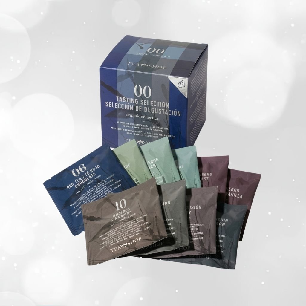 Premium tea tasting collection multipack box with individually wrapped tea sachets in custom printed foil pouches