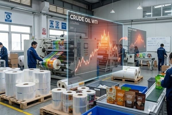Flexible packaging production facility with crude oil price chart showing rising costs impacting film and laminate manufacturing