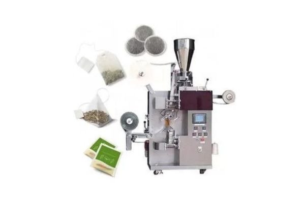 Automatic tea bag packing machine with various tea bag styles including pyramid, round, and envelope overwrap sachets