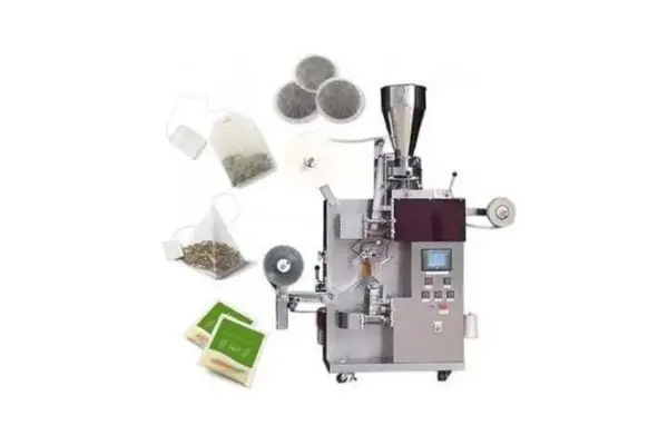 Automatic tea bag packing machine with various tea bag styles including pyramid, round, and envelope overwrap sachets
