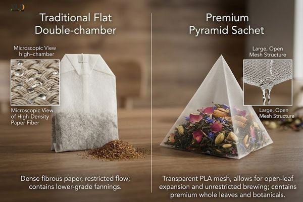 Side-by-side comparison of a traditional flat double-chamber tea bag with dense filter paper containing tea fannings, versus a premium pyramid sachet with transparent PLA mesh containing whole leaves. Microscopic views highlight restricted flow in paper versus open flow in mesh.
