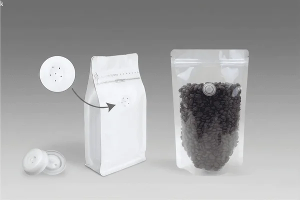 Comparison of internal and external one-way degassing valves on coffee stand up pouches, showing different valve placement and structure.