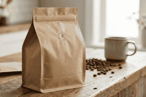 Stand up coffee pouch with one-way degassing valve, designed to release CO₂ while protecting roasted coffee freshness.